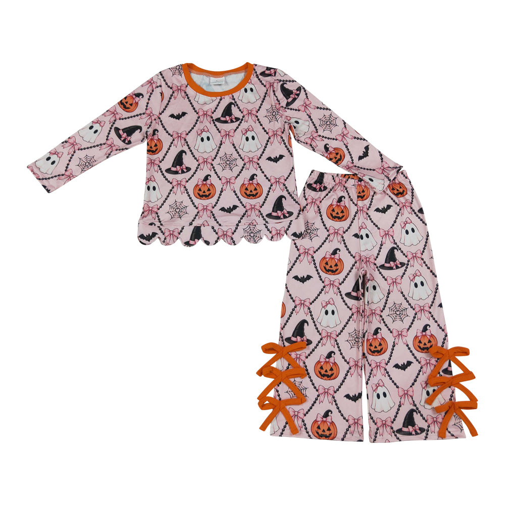 Halloween pumpkin scalloped edges Long Sleeve Girls Set GLP3434