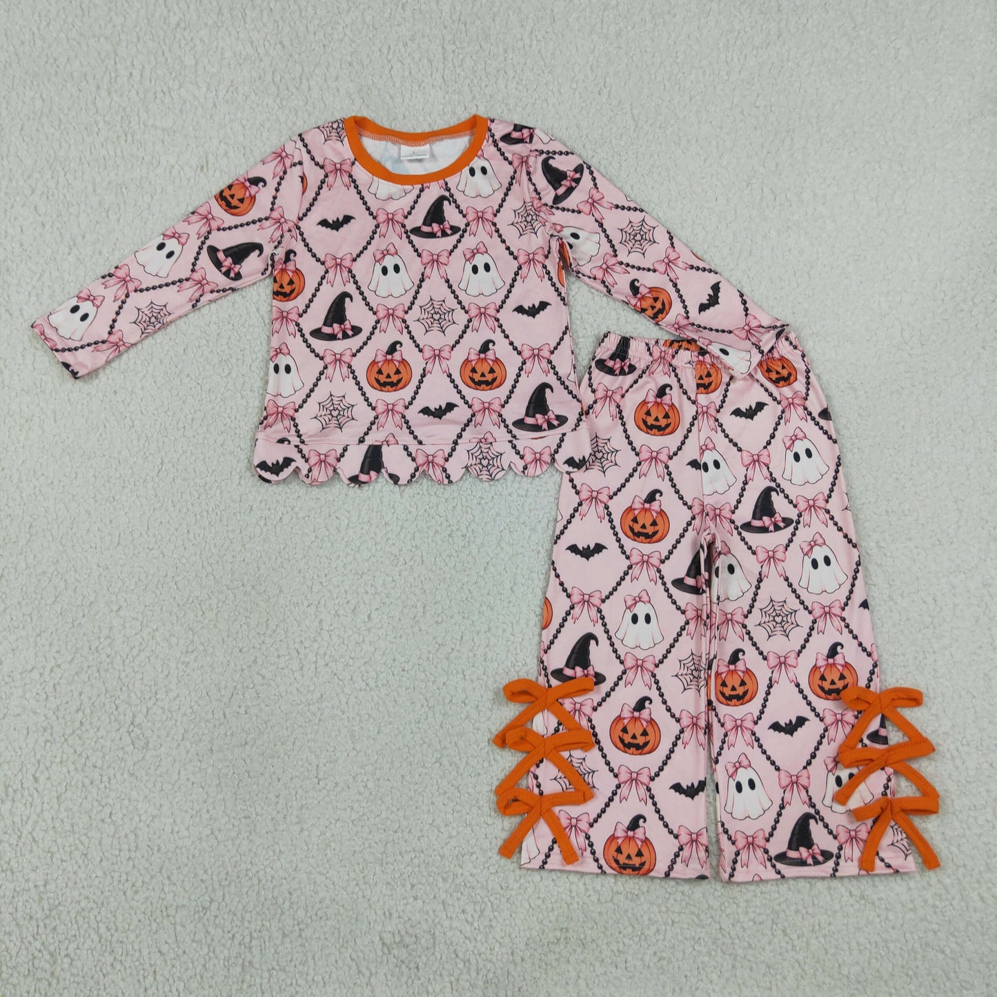 GLP3434 Halloween Pumpkin Bows Scallop Edge Girls Set