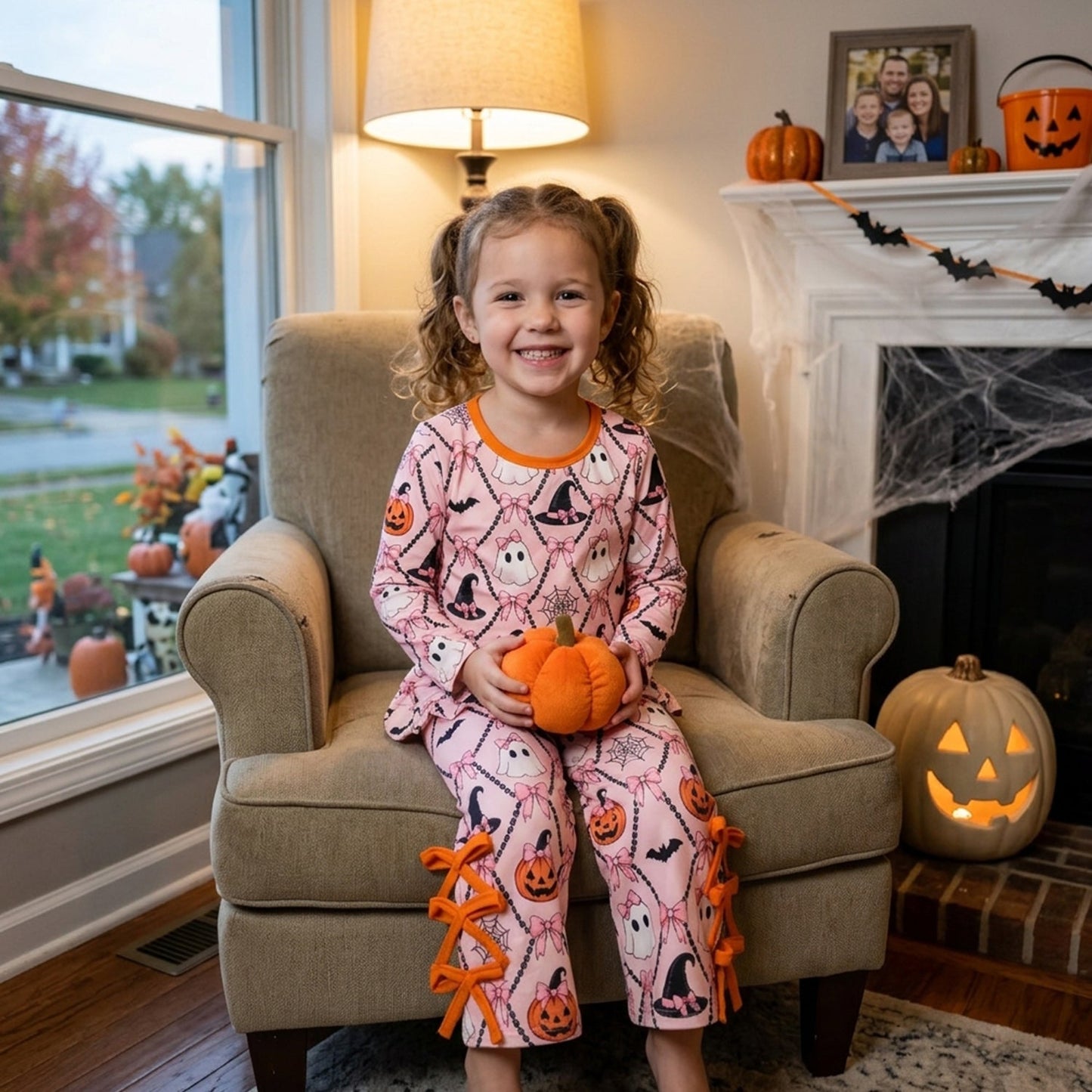 GLP3434 Halloween Pumpkin Bows Scallop Edge Girls Set