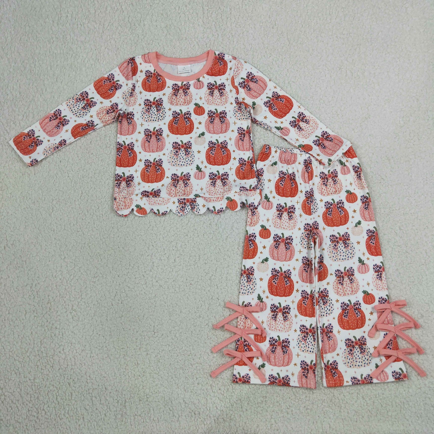 GLP3435 Fall Pumpkin Bows Leopard Scallop Edge Girls Set
