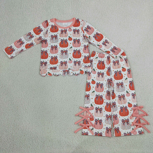 GLP3435 Fall Pumpkin Bows Leopard Scallop Edge Girls Set