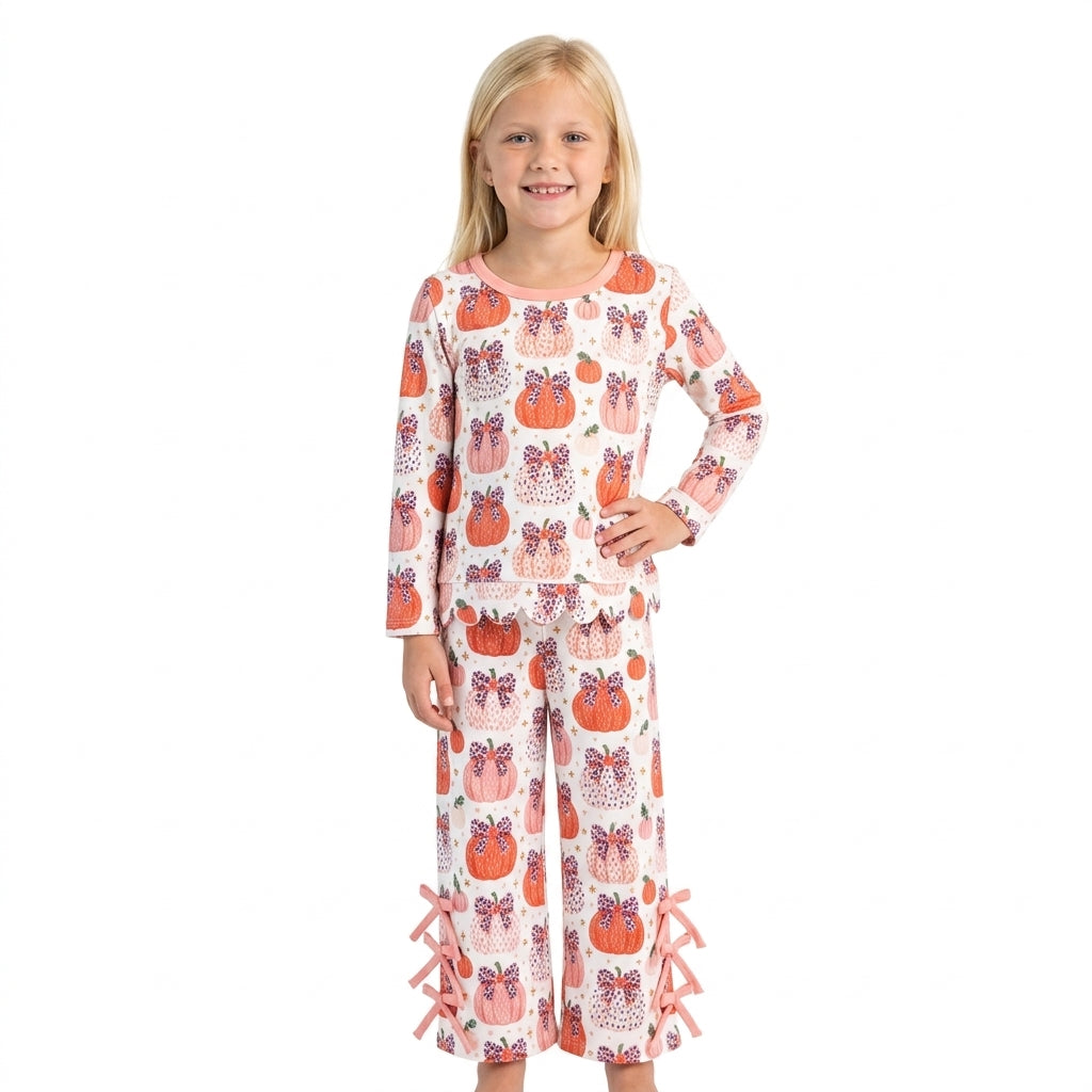 GLP3435 Fall Pumpkin Bows Leopard Scallop Edge Girls Set