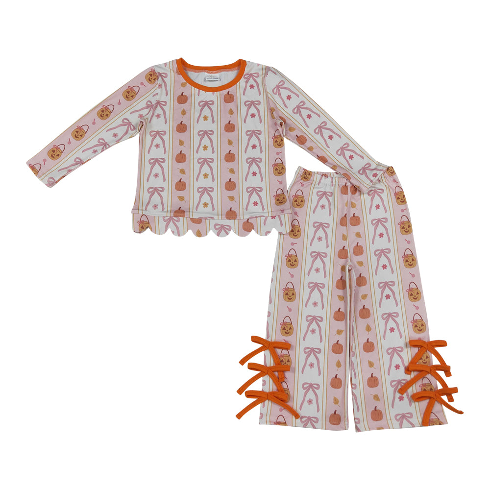 Halloween pumpkin scalloped edges Long Sleeve Girls Set GLP3436