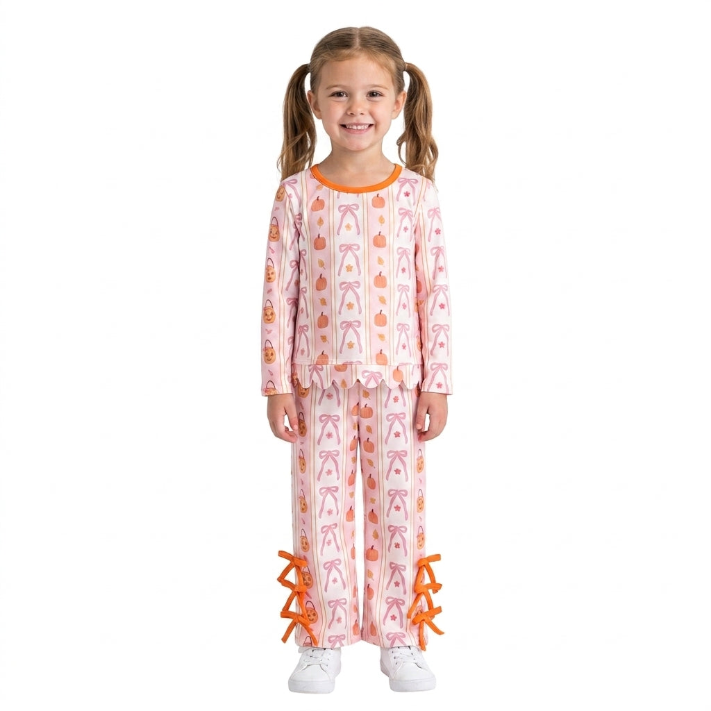 GLP3436 Fall Pumpkin Bows Scallop Edge Girls Set