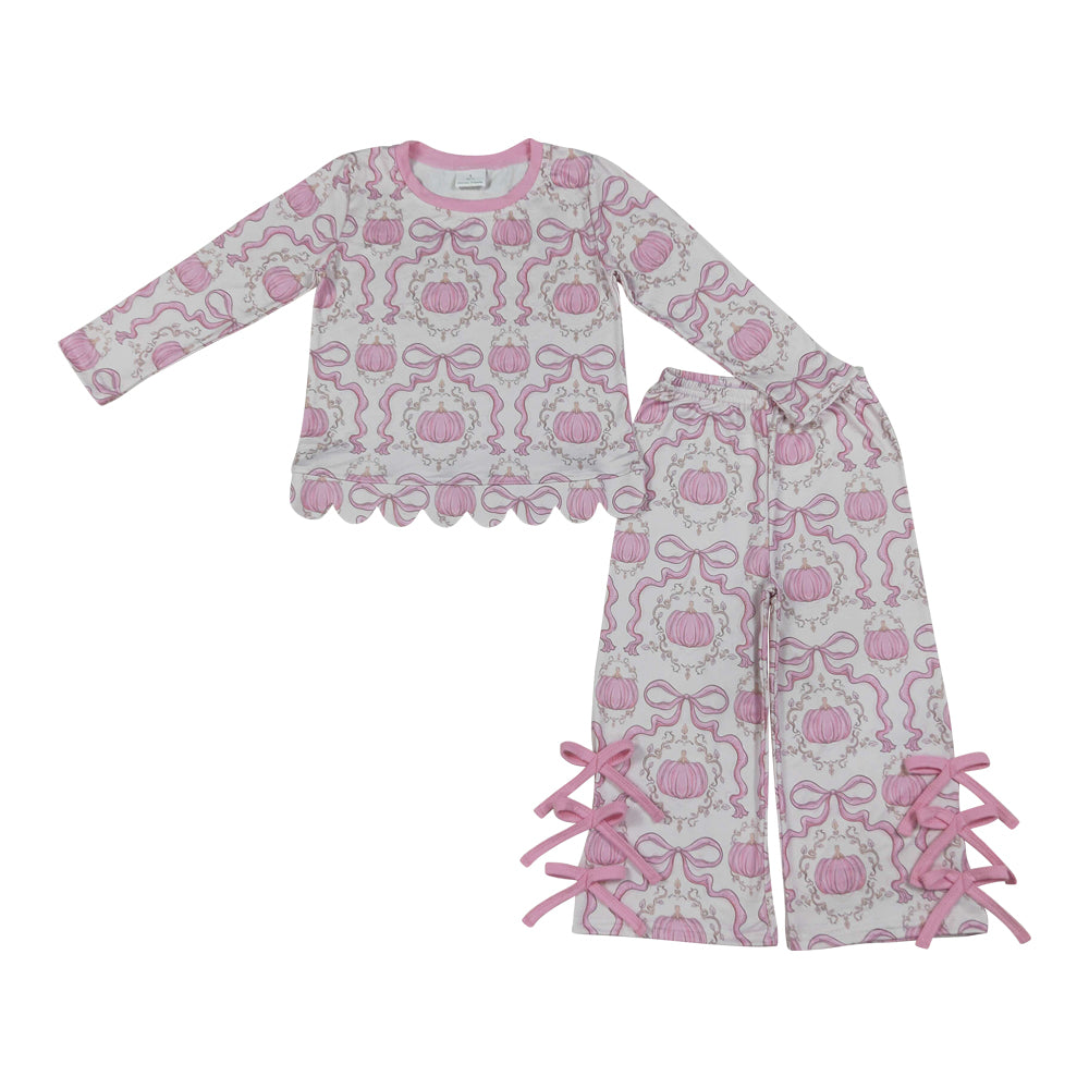 fall Pink pumpkin bow scalloped edges Long Sleeve Girls Set GLP3437-
