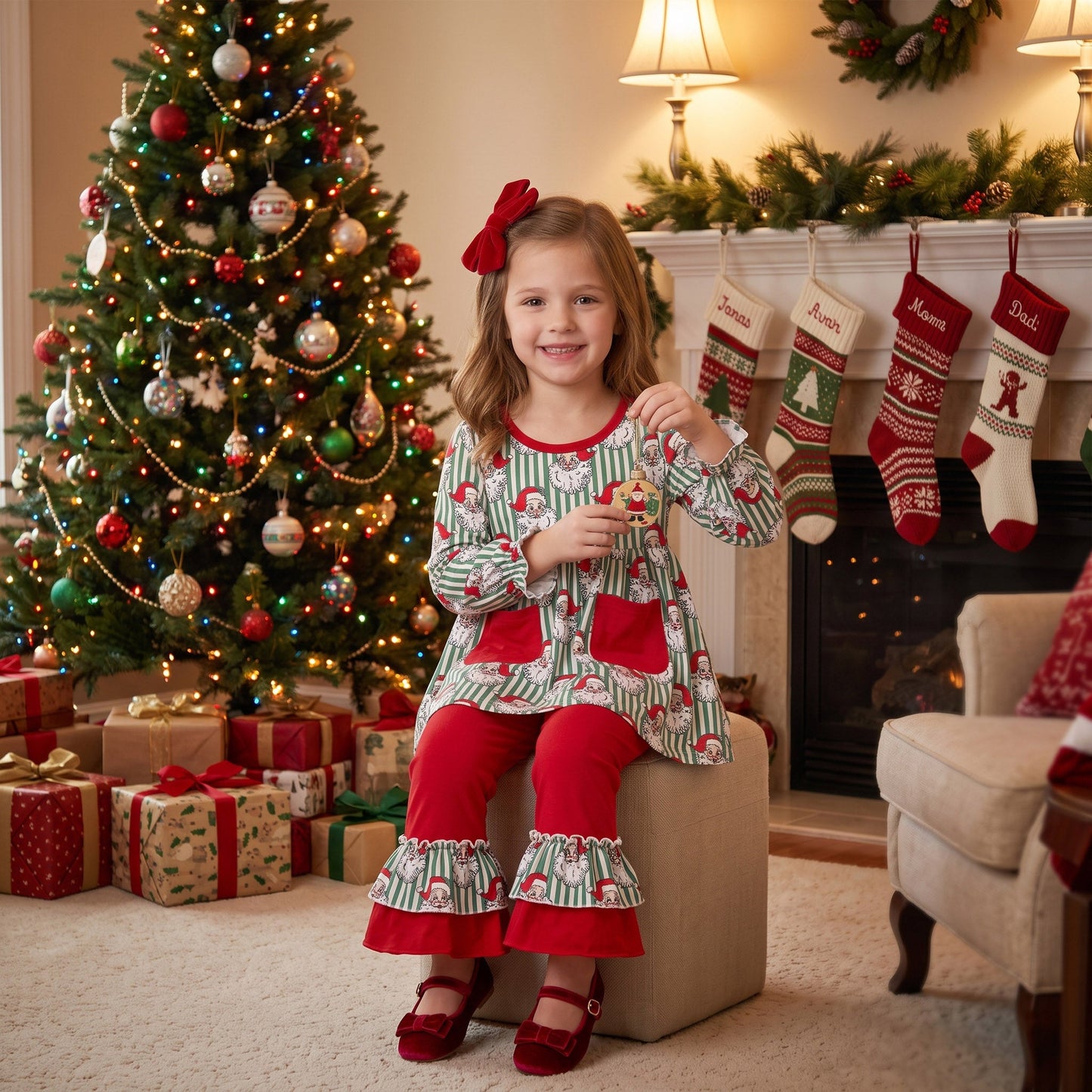 GLP3454 Christmas Santa Stripe Red Girls Set