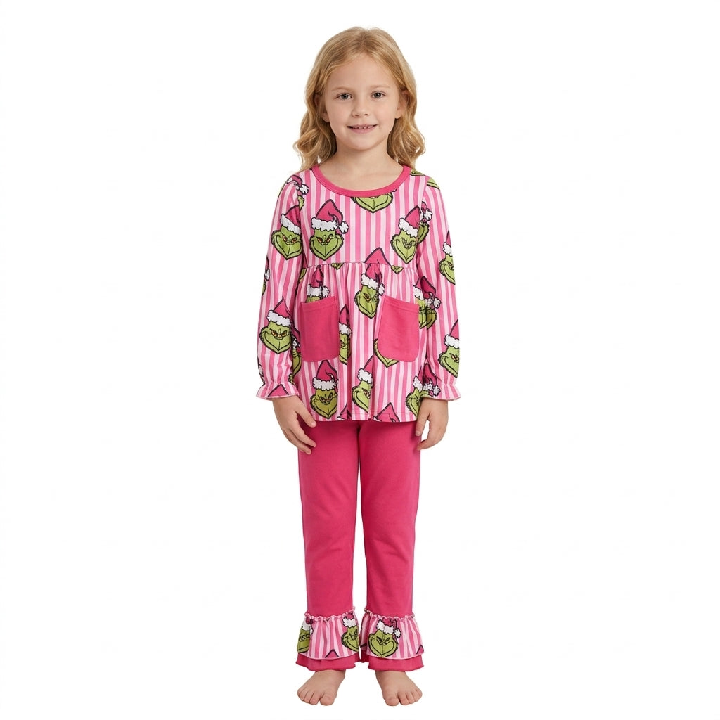 GLP3458 Christmas Green Animals Stripe Rose Red Girls Set