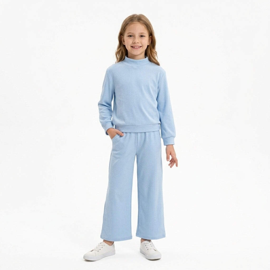 GLP3472 Solid Color Cotton Blue Mockneck Girls Set