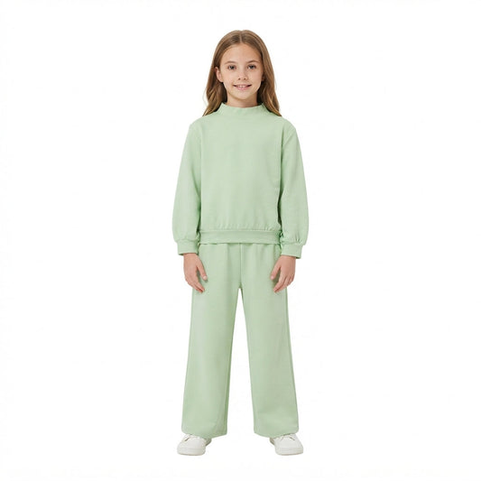 GLP3474 Solid Color Cotton Light Green Middle Neckline Girls Set