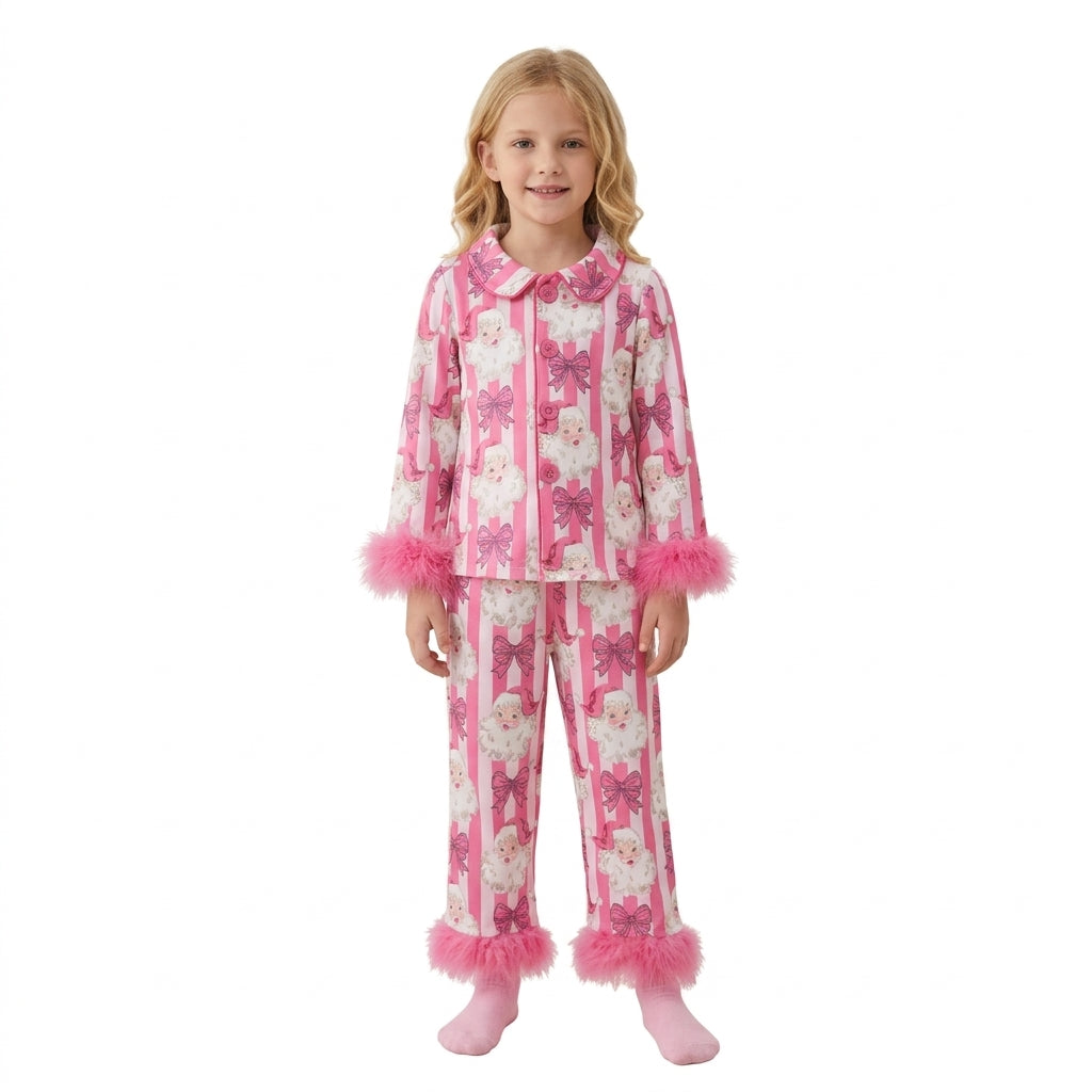 GLP3478 Christmas Santa Bows Rose Red Feather Girls Pajamas Outfits