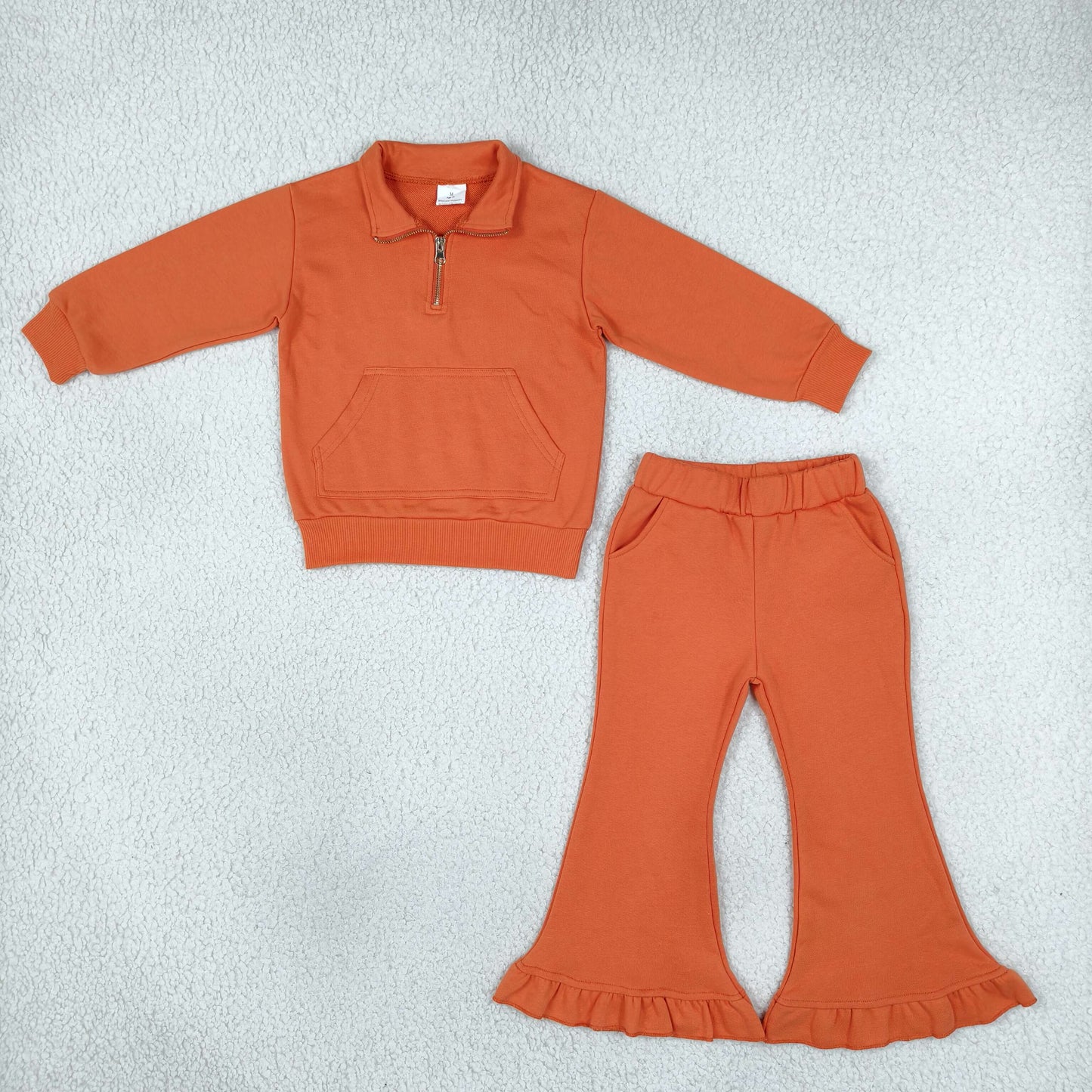 GLP3490 Solid Color Orange Thick Sweatshirt Pullover Girls Flared Set