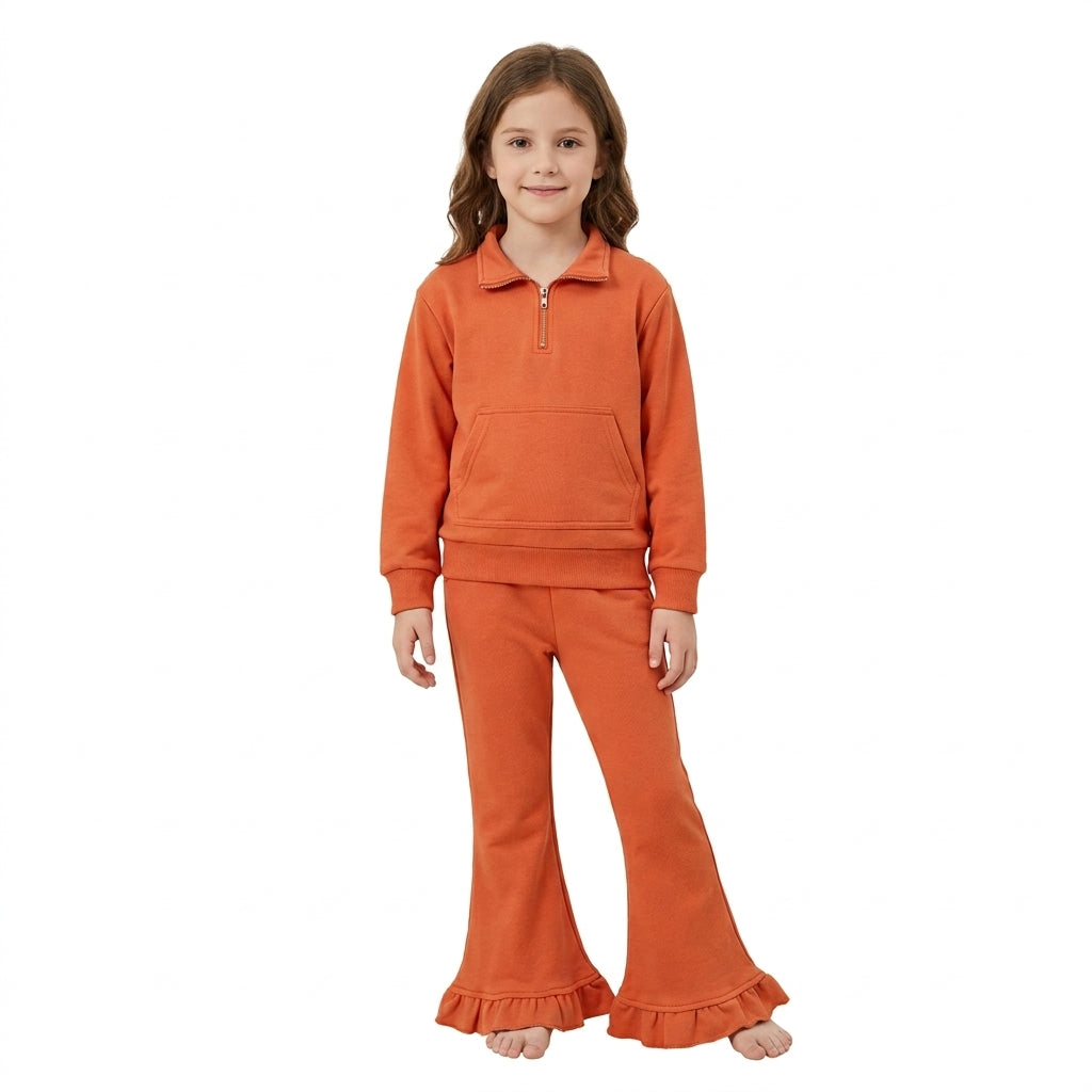 GLP3490 Solid Color Orange Thick Sweatshirt Pullover Girls Flared Set