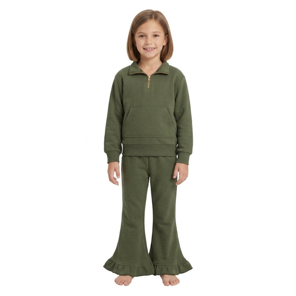 GLP3492 Solid Color Dark Green Thick Sweatshirt Pullover Girls Flared Set