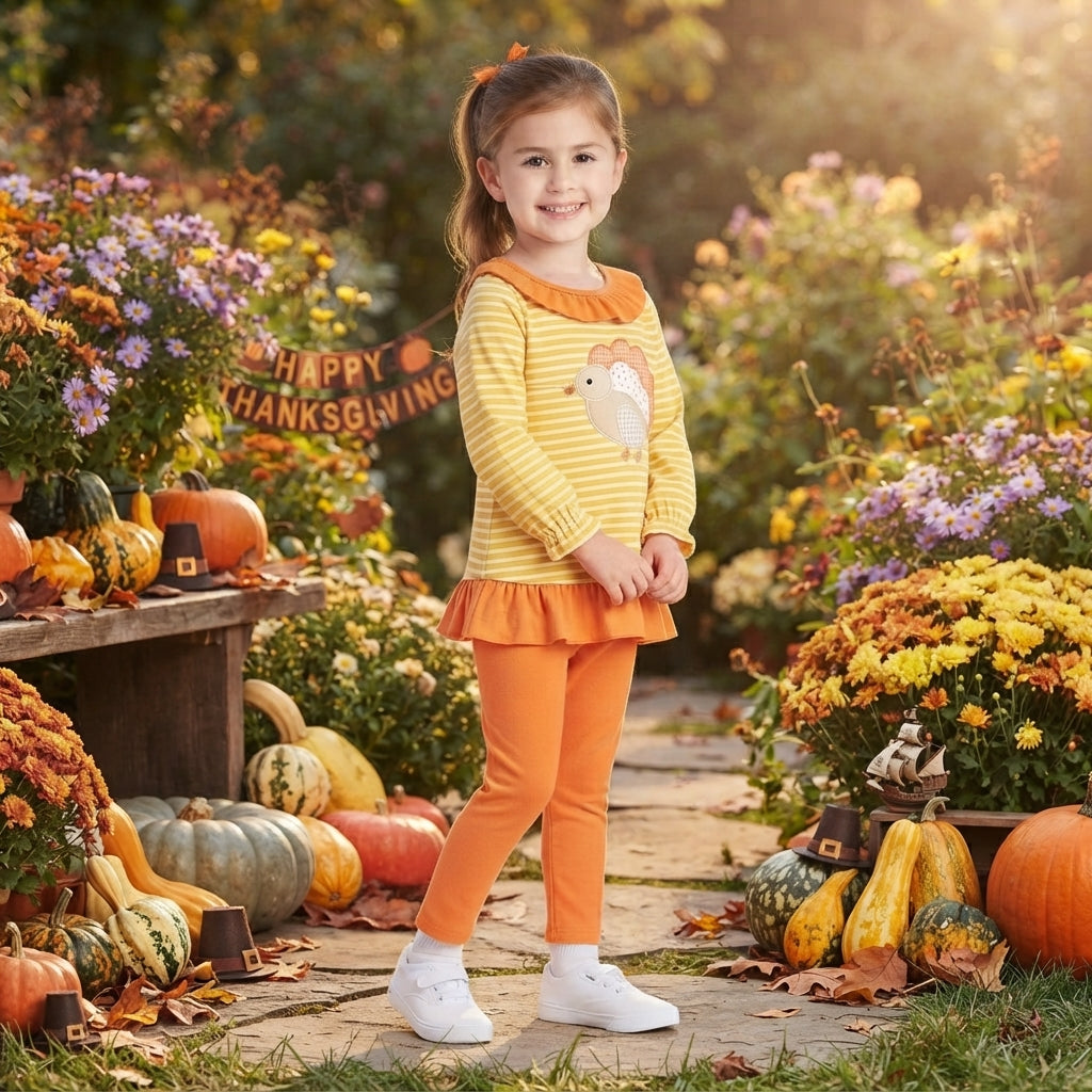 GLP3493 Thanksgiving Day Embroidery Turkey Ruffles Girls Outfits