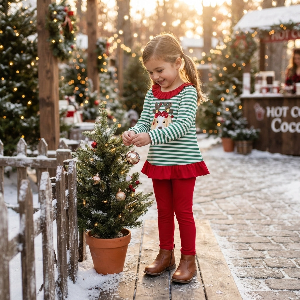 GLP3494 Embroidery Christmas Elk Stripe Ruffles Girls Set