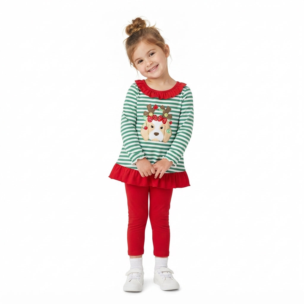 GLP3494 Embroidery Christmas Elk Stripe Ruffles Girls Set