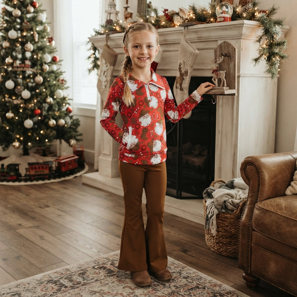 GLP3509 Christmas Santa Hat Cowboy Zipper Girls Set