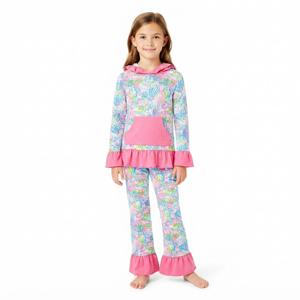 GLP3518 Ocean Coral Flower Girl's Hoodie Set