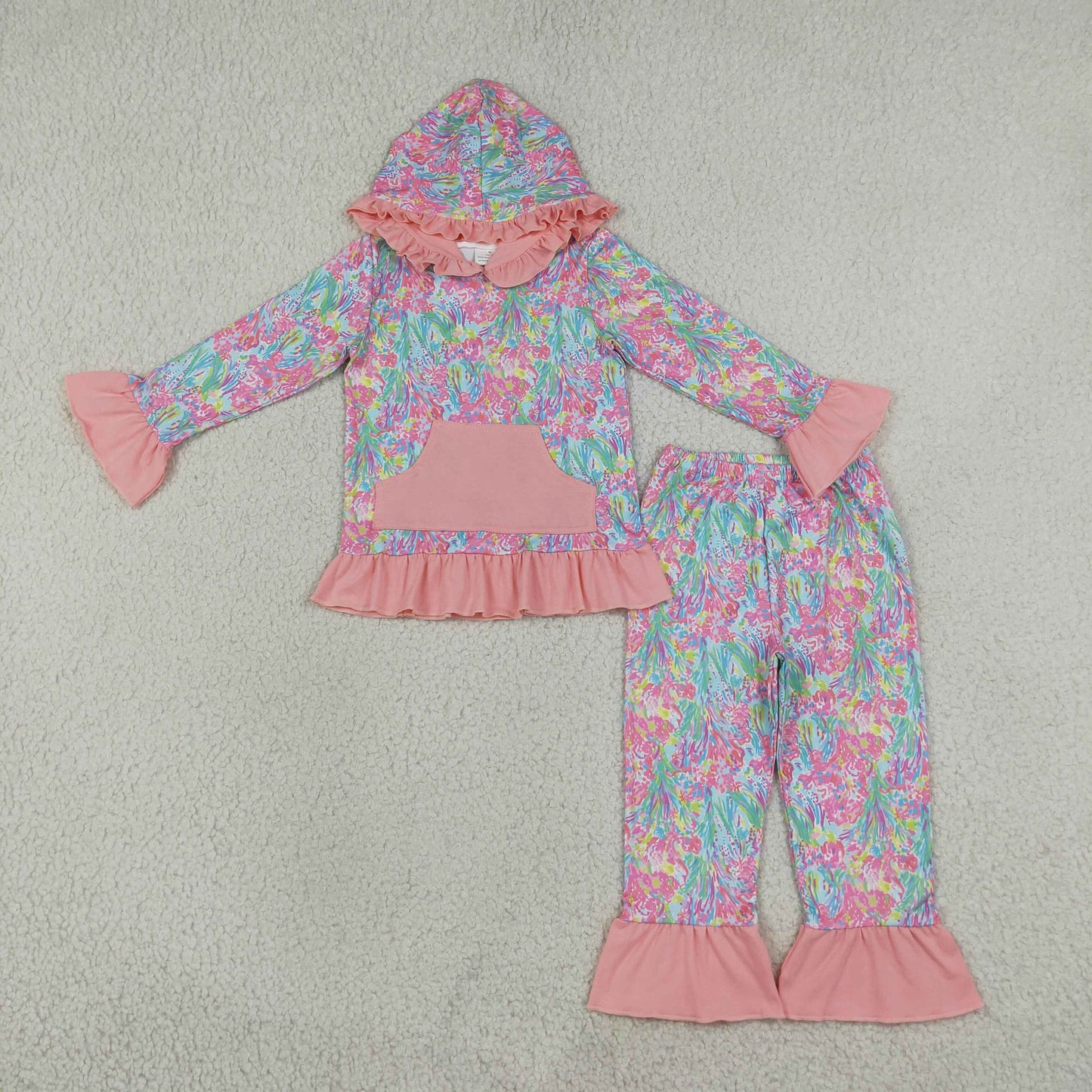 GLP3519 Ocean Coral Flower Orange Girl's Hoodie Set