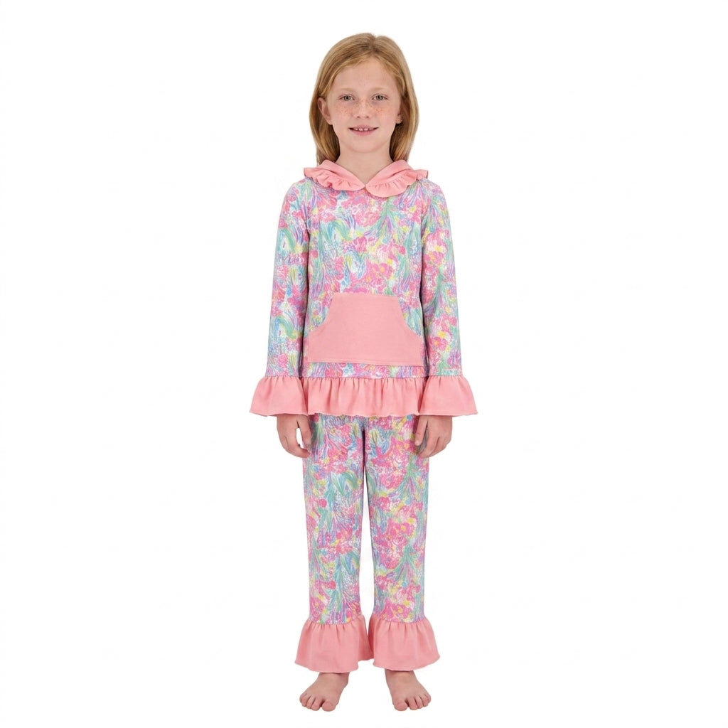 GLP3519 Ocean Coral Flower Orange Girl's Hoodie Set