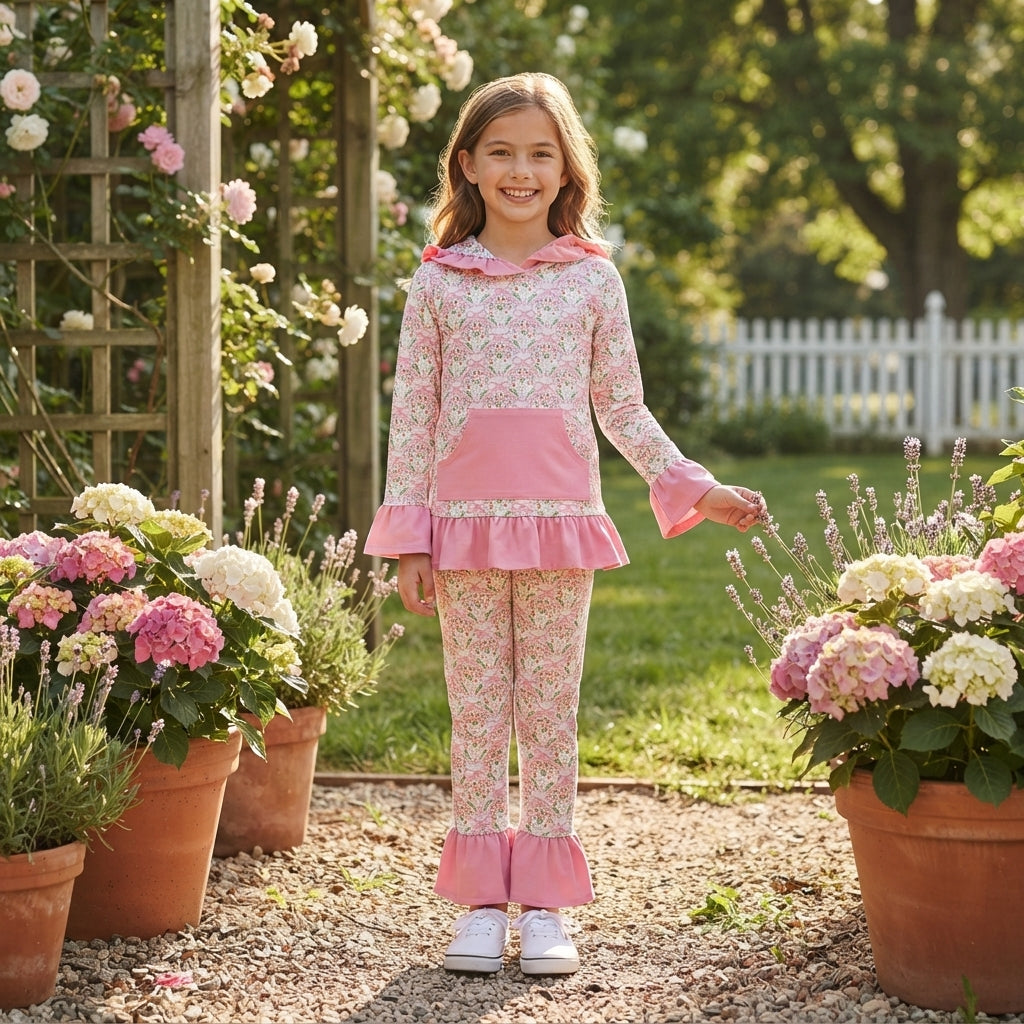GLP3520 Bows Flower Pink Ruffles Girl's Hoodie Set