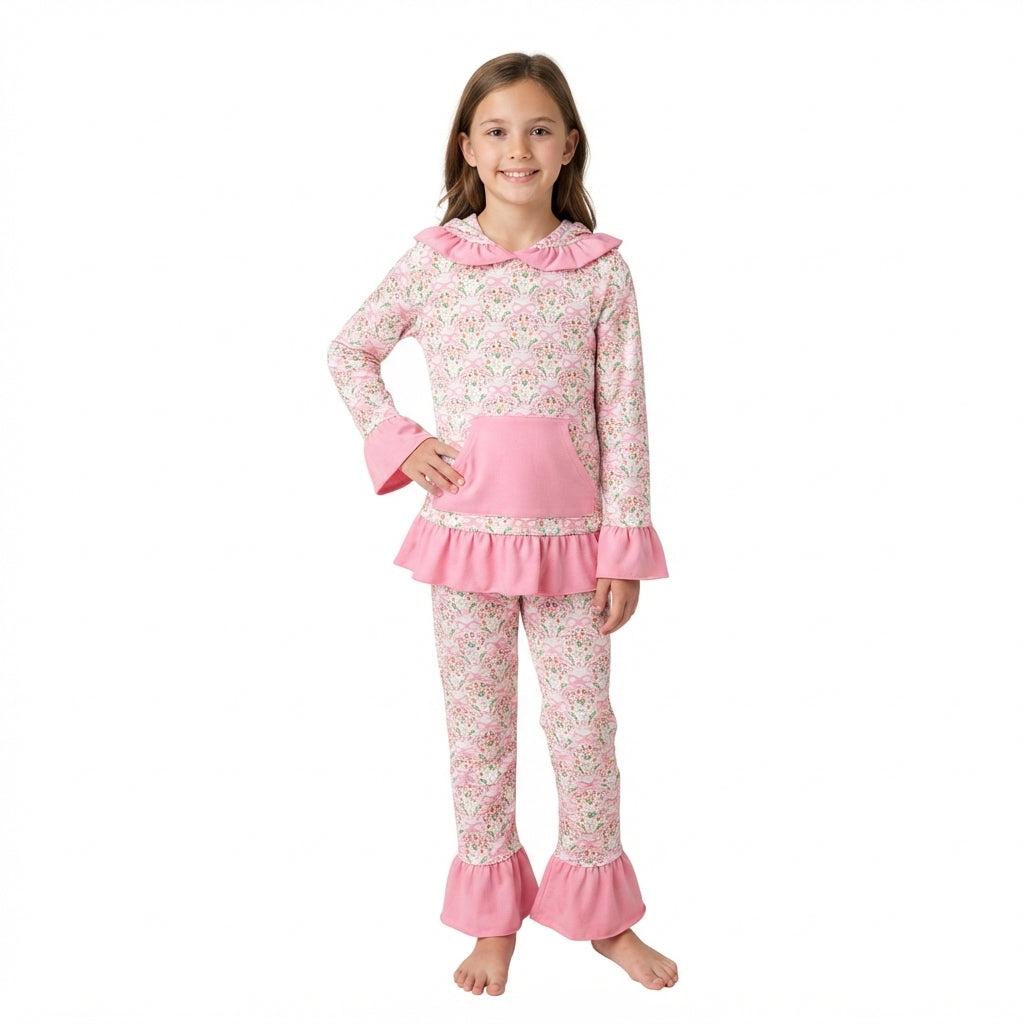 GLP3520 Bows Flower Pink Ruffles Girl's Hoodie Set