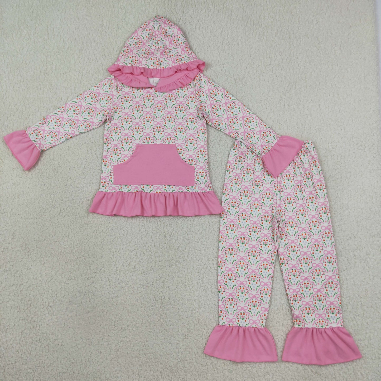 GLP3520 Bows Flower Pink Ruffles Girl's Hoodie Set