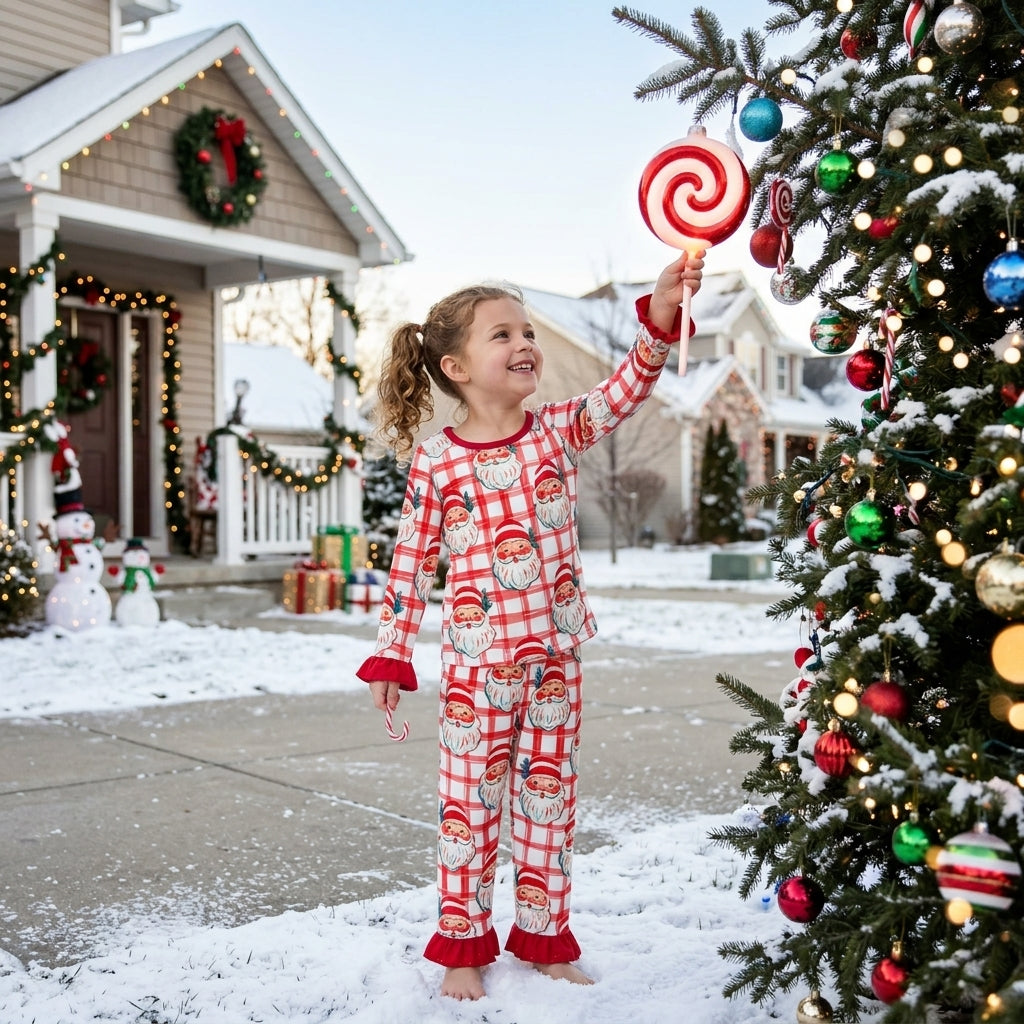 GLP3542 Christmas Santa Plaid Girls Pajamas Outfits
