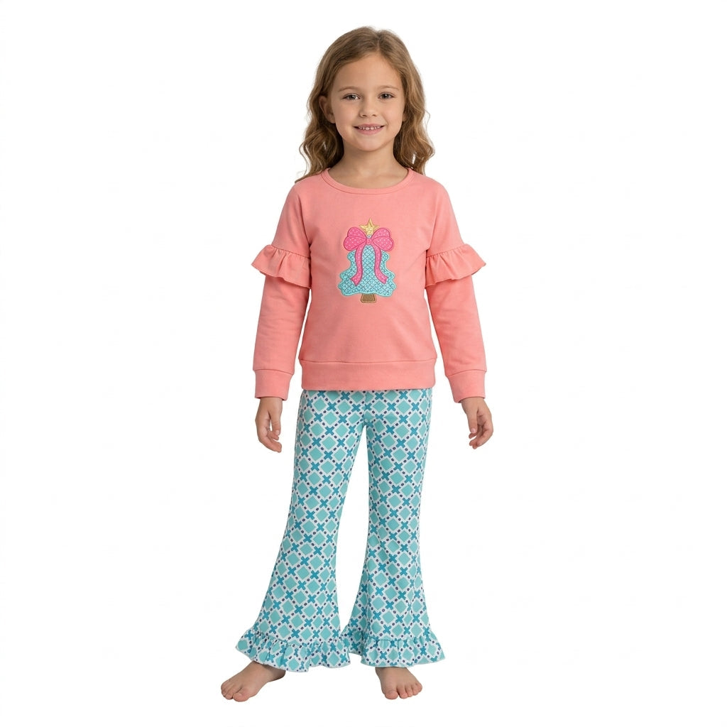 Embroidery Christmas Trees Bows Girls Set GLP3548