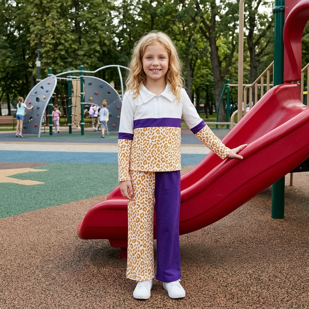 GLP3580 School Team Orange Leopard Pullover Girls Wide Leg Outfits