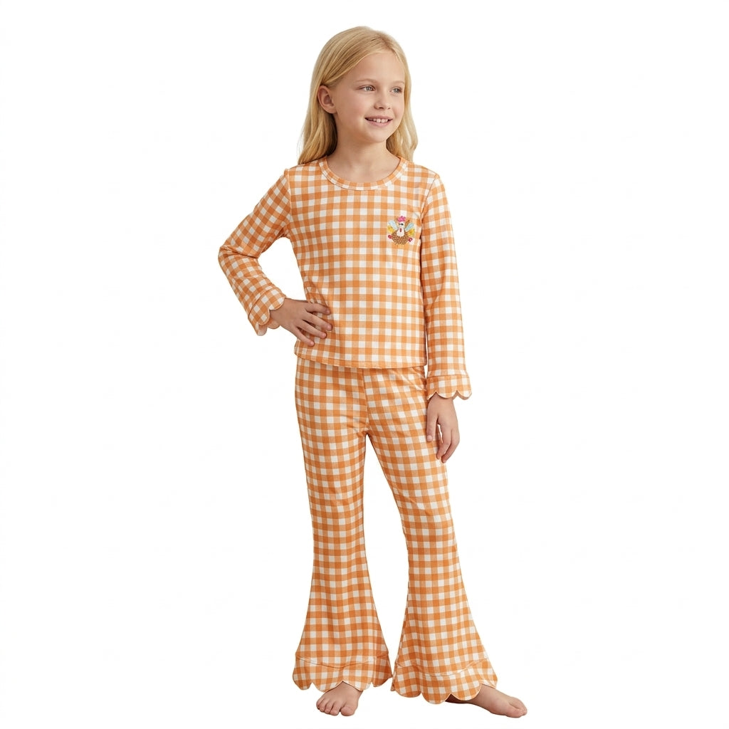 GLP3588 Embroidery Thanksgiving Turkey Plaid Scallop Edge Girls Set