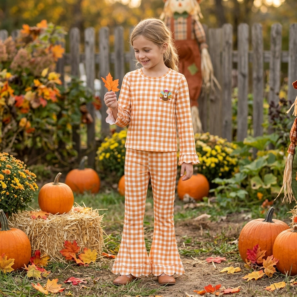 GLP3588 Embroidery Thanksgiving Turkey Plaid Scallop Edge Girls Set