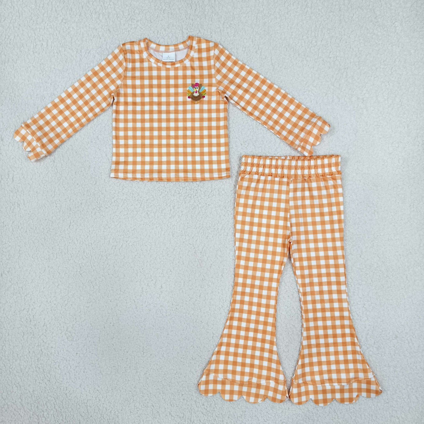 GLP3588 Embroidery Thanksgiving Turkey Plaid Scallop Edge Girls Set