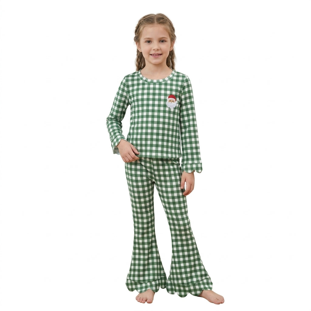 GLP3589 Embroidery Christmas Santa Plaid Scallop Edge Girls Set
