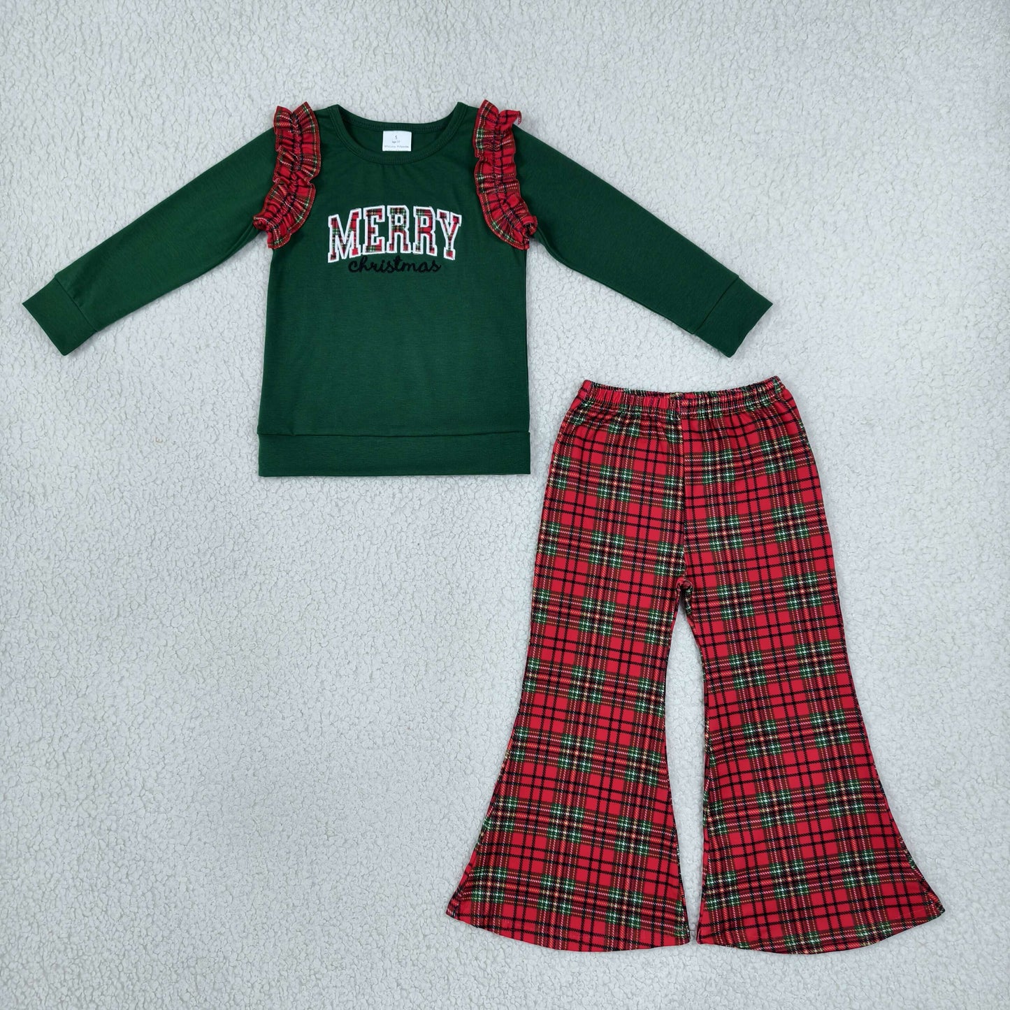 GLP3595 Embroidery Merry Christmas Santa Plaid Ruffles Girls Set