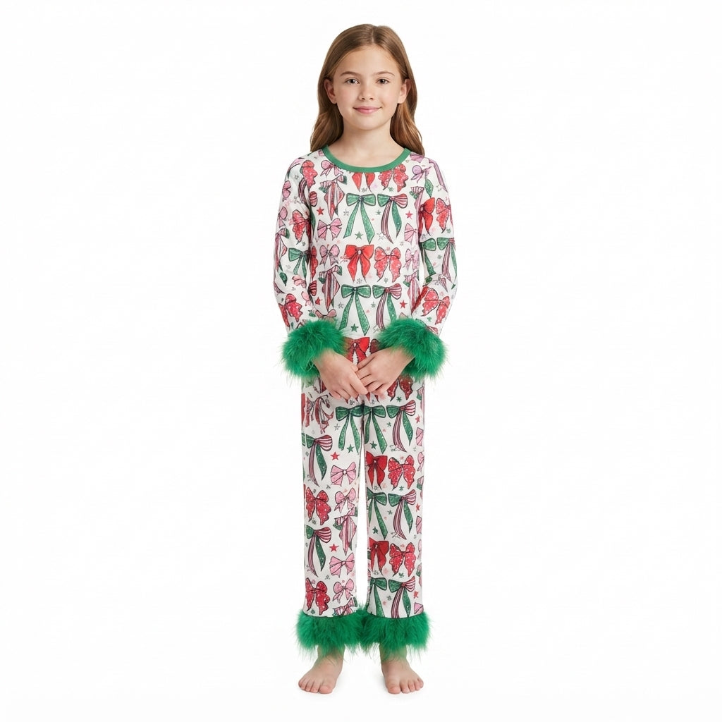 GLP3611 Christmas Santa Bows Feather Girls Pajamas Outfits