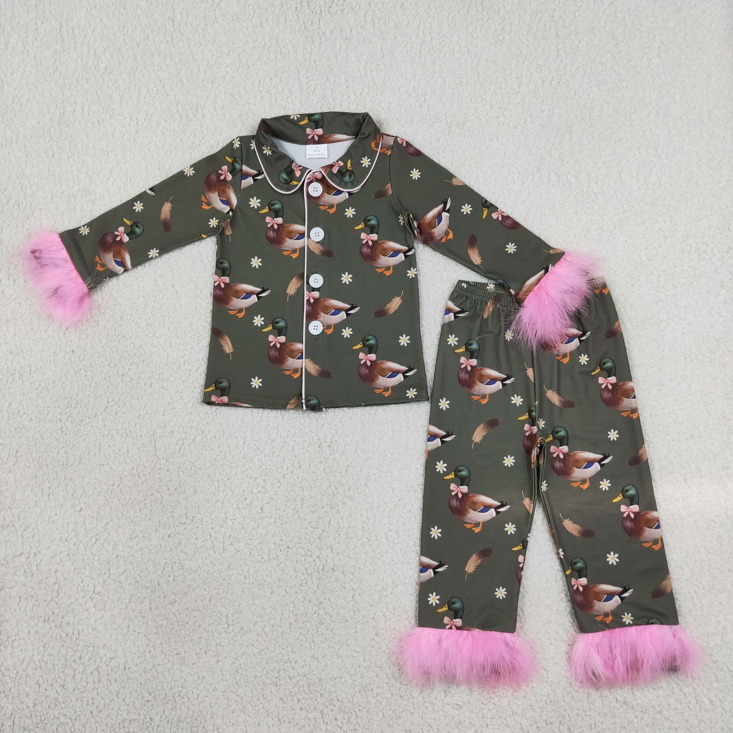 GLP3629 Mallard Ducks Pink Feather Girls Pajamas Outfits