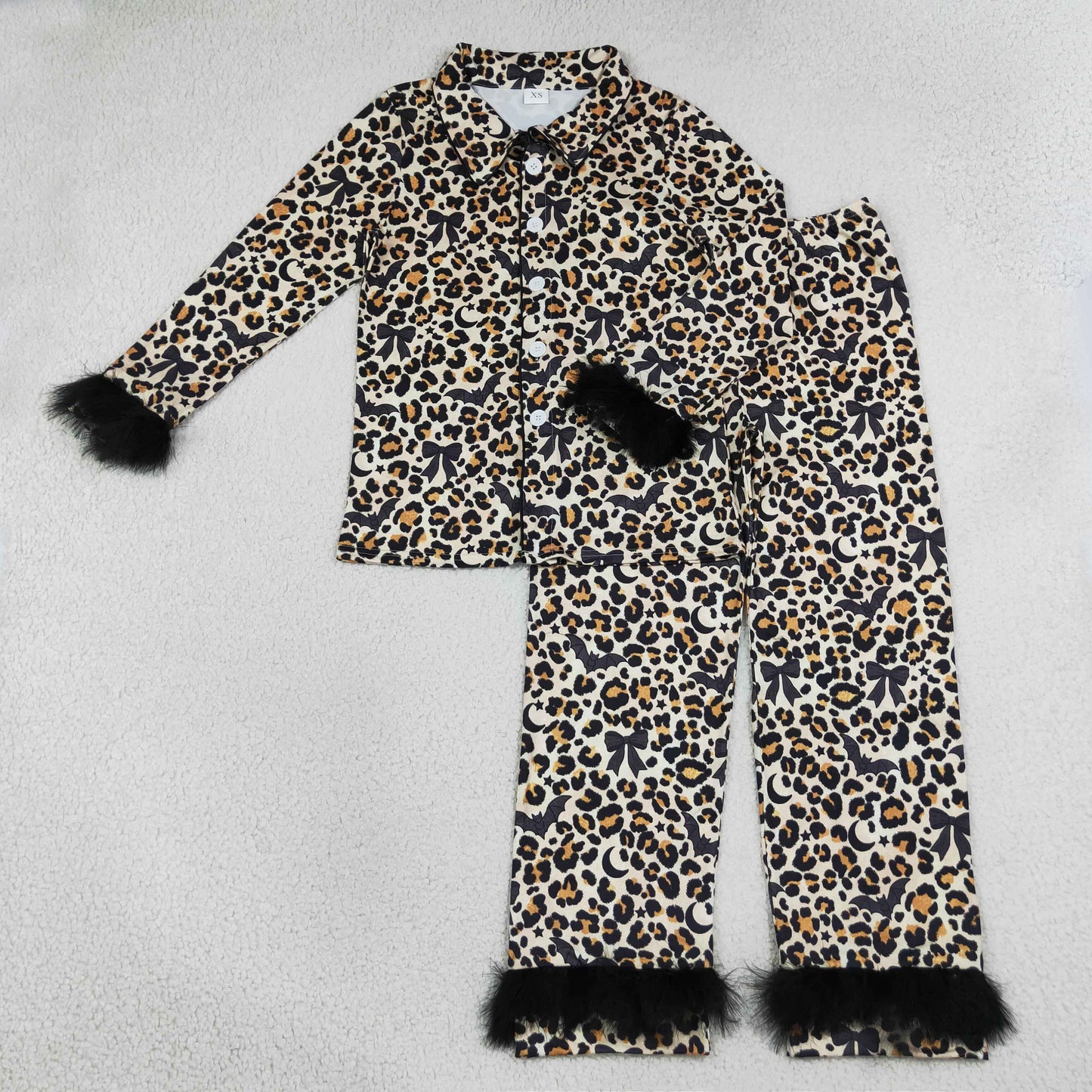 GLP3639 Halloween Bats Leopard Black Feather Buttons Adult Women Pajamas Set