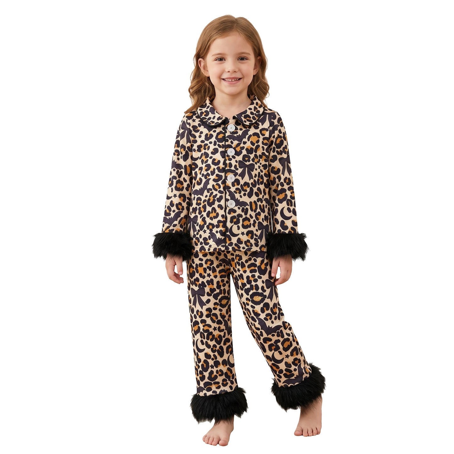 GLP3640 Halloween Bats Bows Leopard Feather Girls Pajamas Outfits