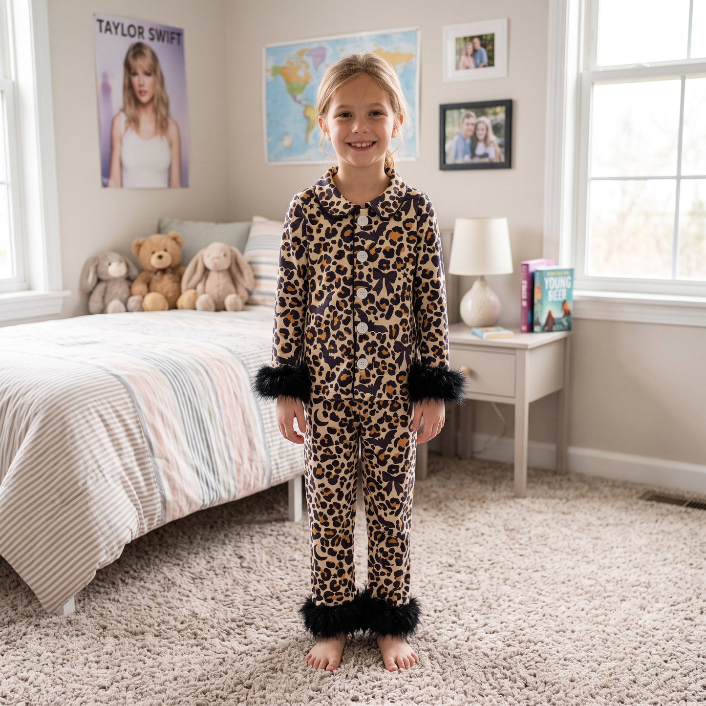 GLP3640 Halloween Bats Bows Leopard Feather Girls Pajamas Outfits