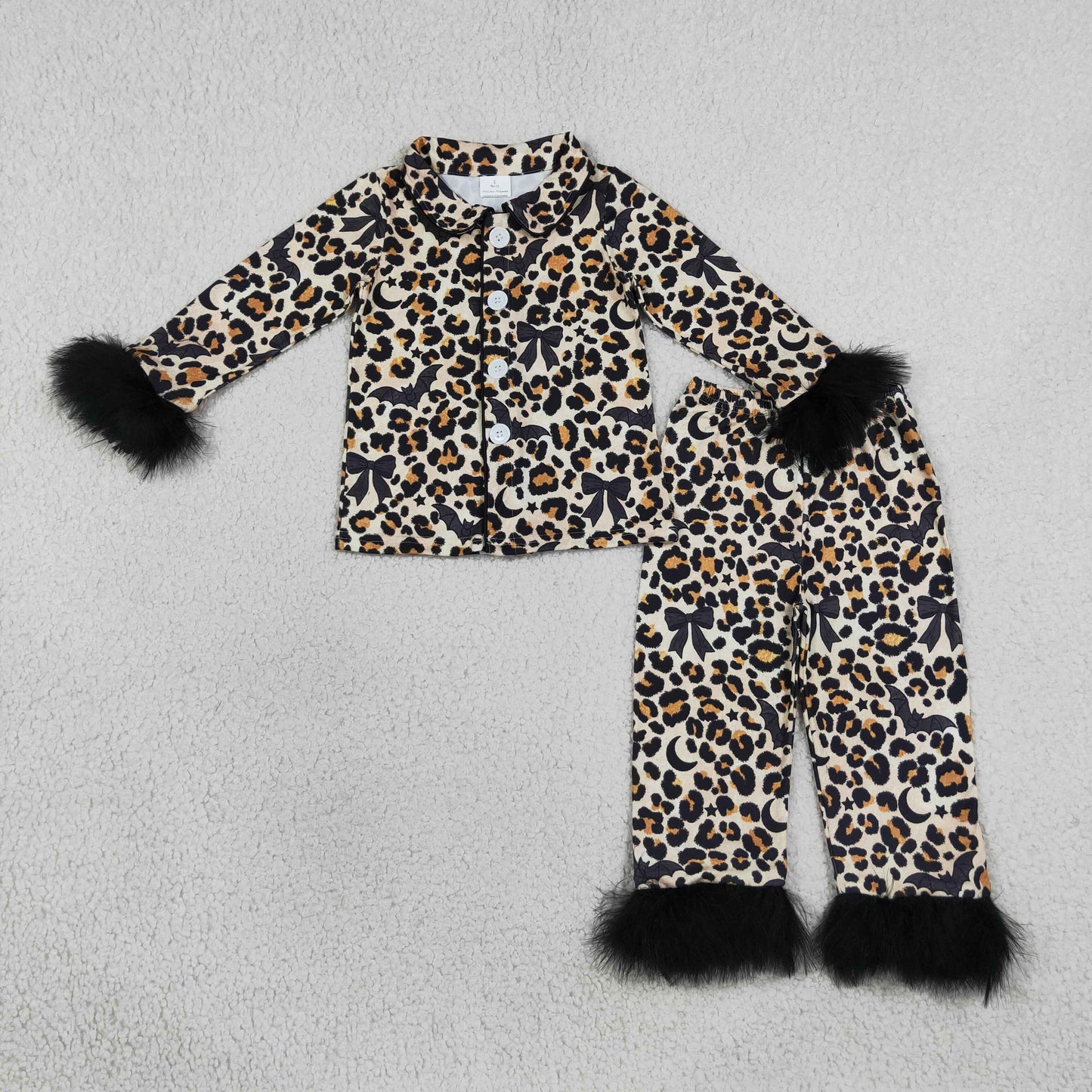 GLP3640 Halloween Bats Bows Leopard Feather Girls Pajamas Outfits