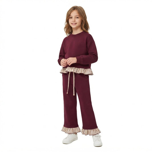 GLP3647 Solid Color Dark Red Thick Cotton Sweatshirt Girls Set