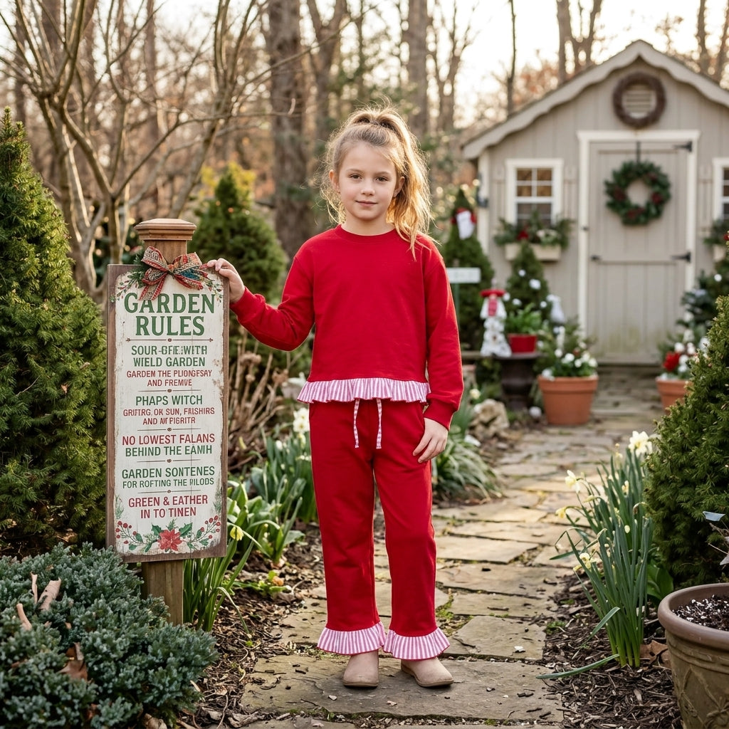 GLP3699 Christmas Solid Color Cotton Red Stripe Ruffles Girls Set