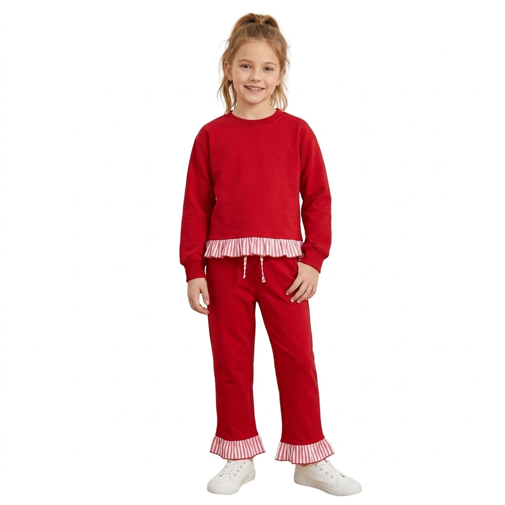 GLP3699 Christmas Solid Color Cotton Red Stripe Ruffles Girls Set