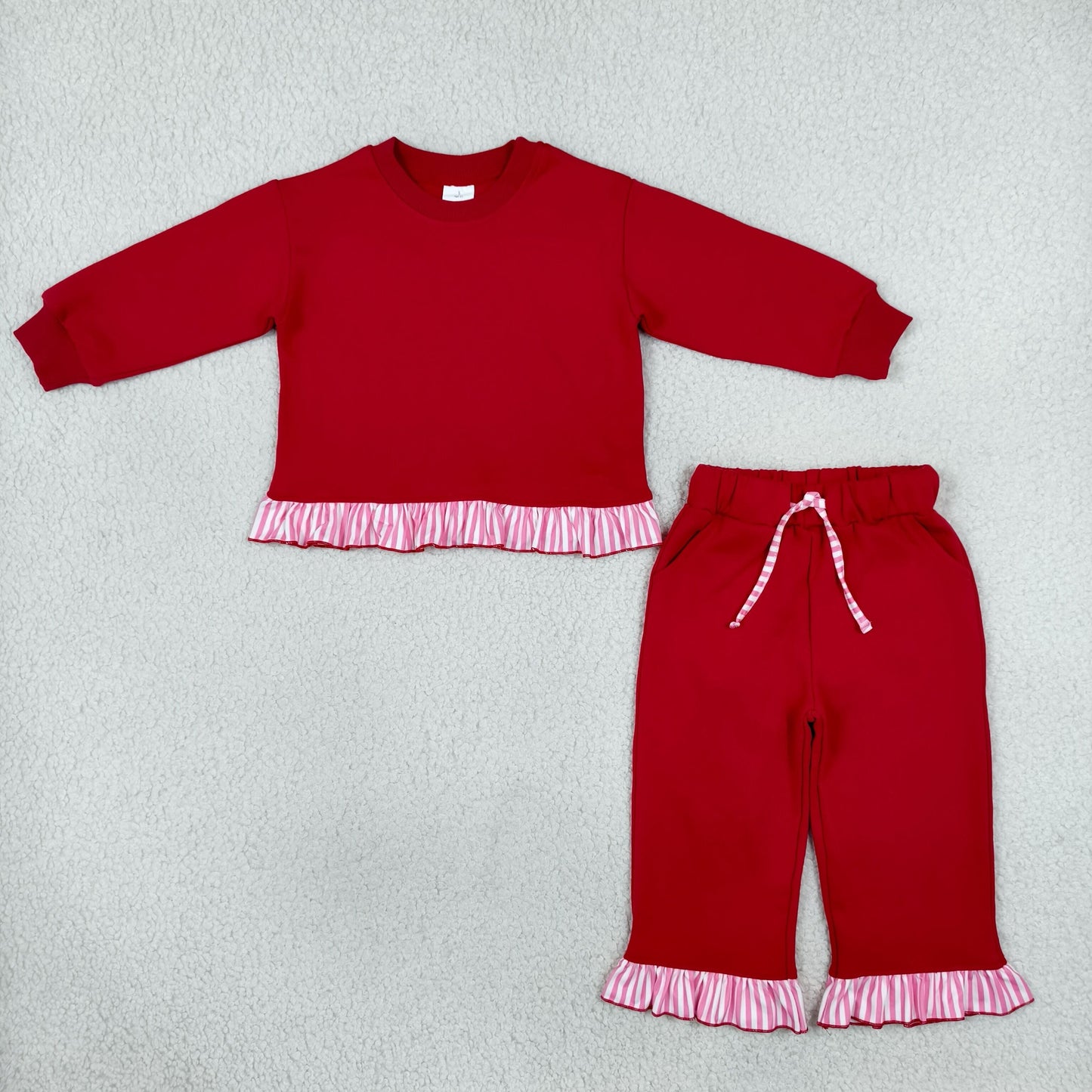 GLP3699 Christmas Solid Color Cotton Red Stripe Ruffles Girls Set
