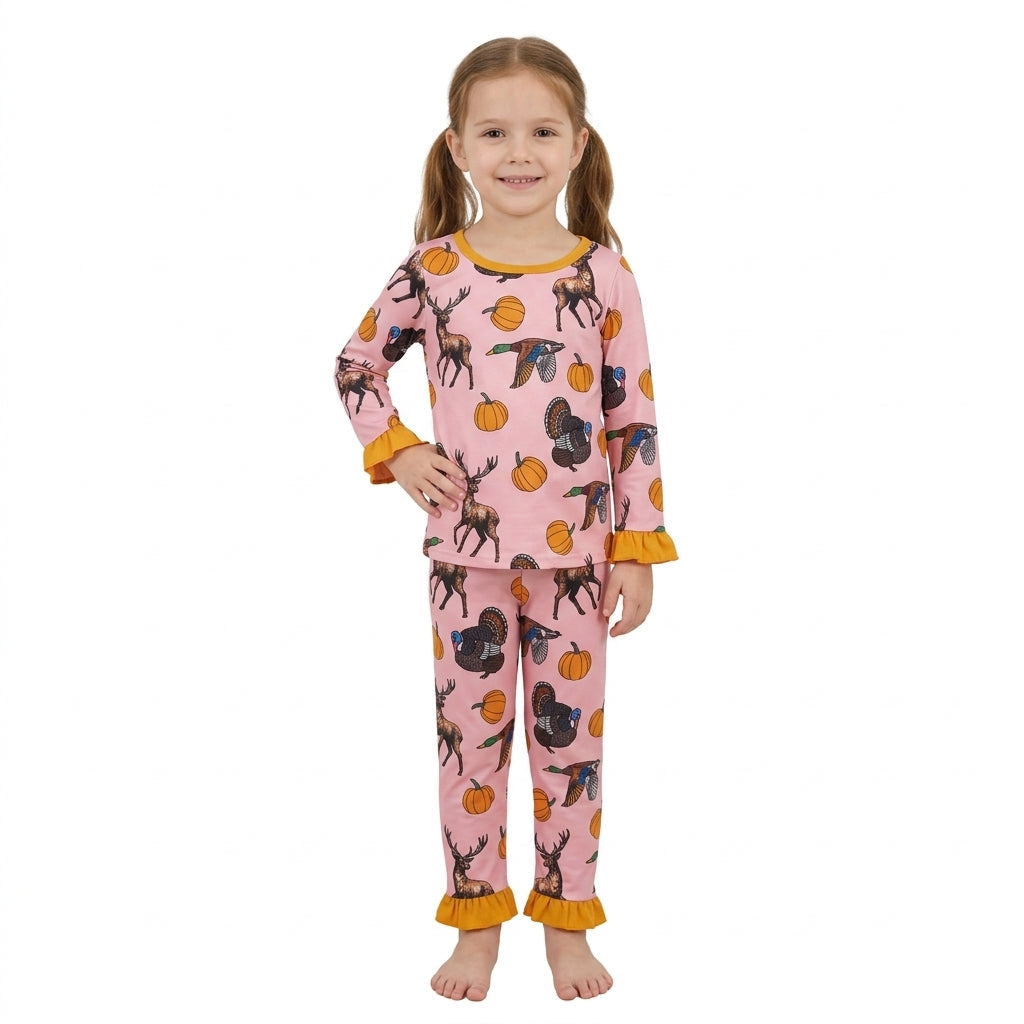 GLP3655 Fall Pumpkin Hunting Print Ruffles Girls Pajamas Outfits