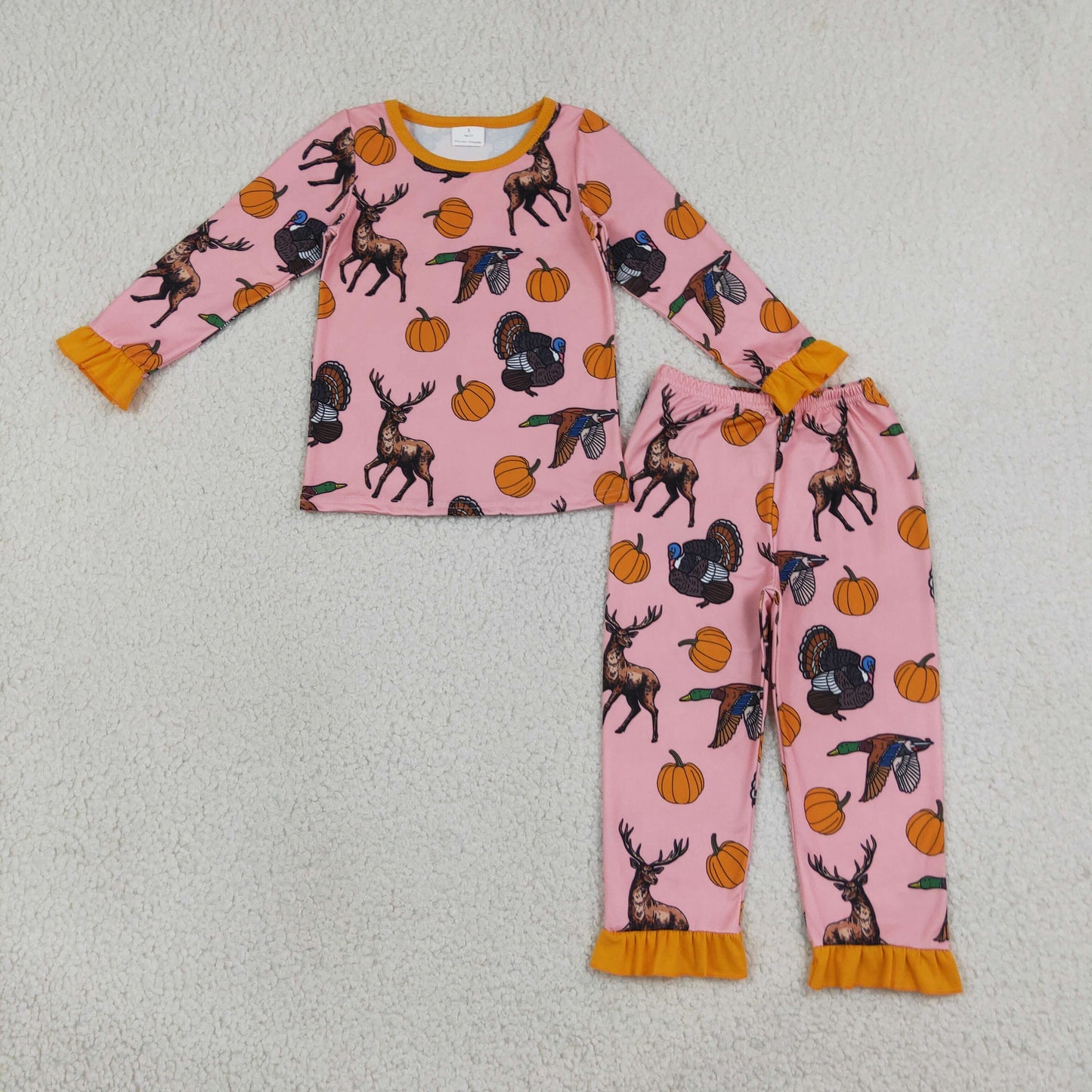 GLP3655 Fall Pumpkin Hunting Print Ruffles Girls Pajamas Outfits