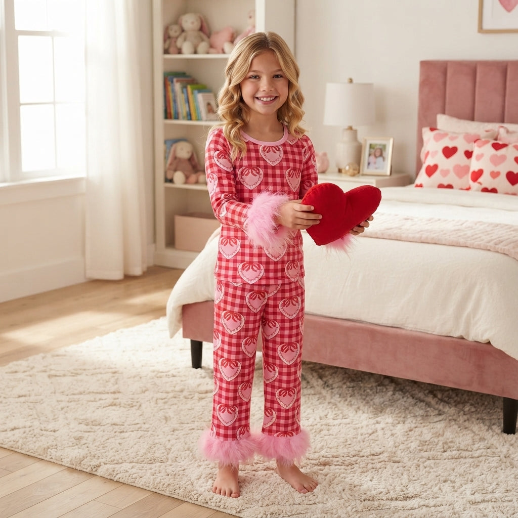 GLP3669 Valentine's Day Love Bows Feather Girls Pajamas Outfits