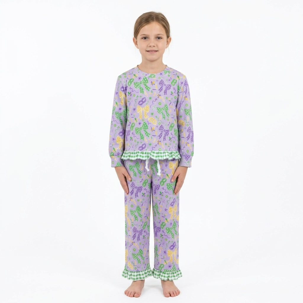 GLP3680 Mardi Gras Mask Bows Green Plaid Ruffles Purple Girls Set