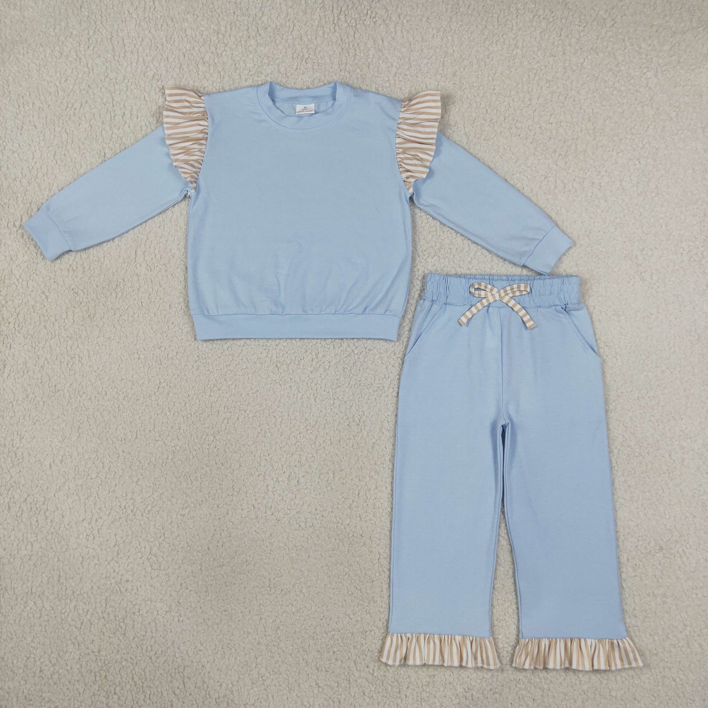 GLP3696 Solid Color Stripe Ruffles Light Blue Girls Set
